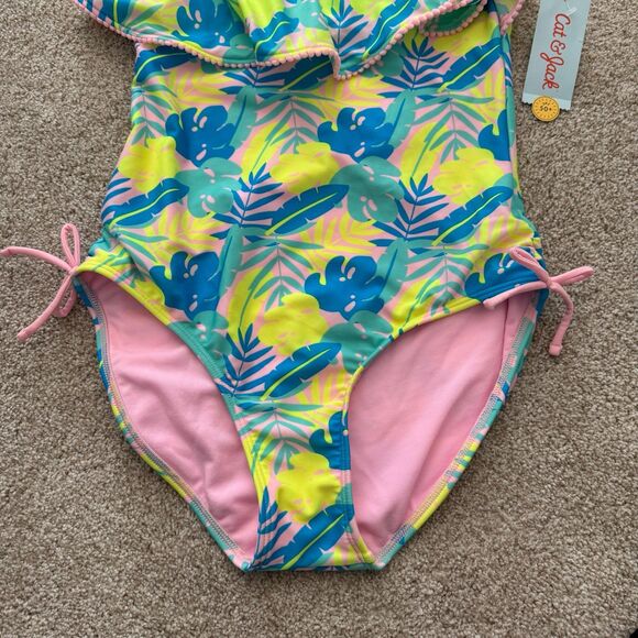 NWT Cat and Jack Tropical Leaf Print Ruffles One Piece Swim Girls XL (14/16) - Picture 3 of 8